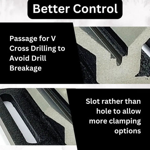 Boss Level SGI V Block Jig Fixture For Center Drilling Round Workpieces Up To Two Inch Capacity showing V cross drilling passage.