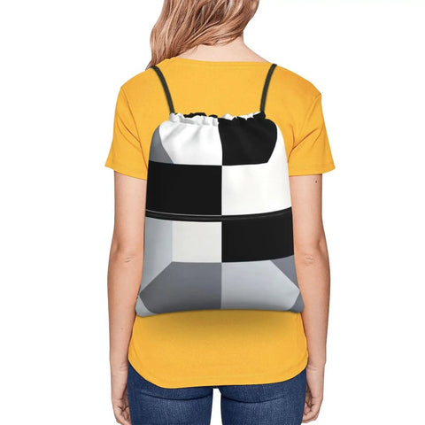 Black And White Piano Key Grid Print Drawstring Gym Bag For Men And Women Dope Unisex Fitness Sack on a person.