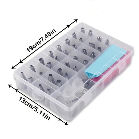All In One Cake Decorating Kit 38 Piece Set With 32 Piping Tips Quick Change Couplers Reusable Silicone Bags And Nails in tray