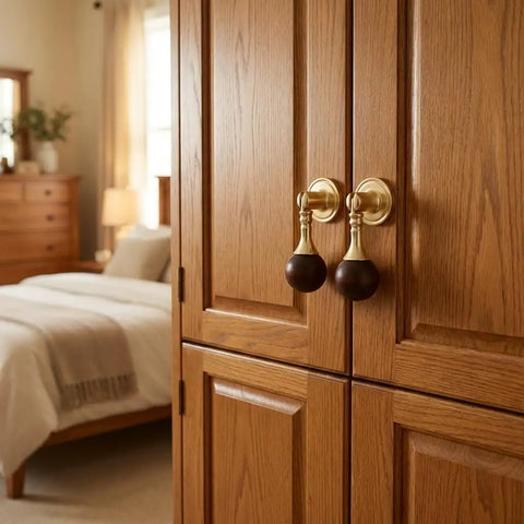 Gold Pendant Knobs Set 12 Pack for Cabinets and Furniture, Heavy Duty Zinc Alloy With Wood Ball, installed on oak cabinet