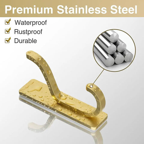 Heavy Duty Adhesive Wall Hooks For Bathroom Towels And Outerwear, Drill Free Stick On Mounts With Nasty Strong Grip, Rust Proof Gold Plating, Four Pack Home Upgrade
