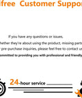 Customer support information with 24-hour service and contact details for assistance.