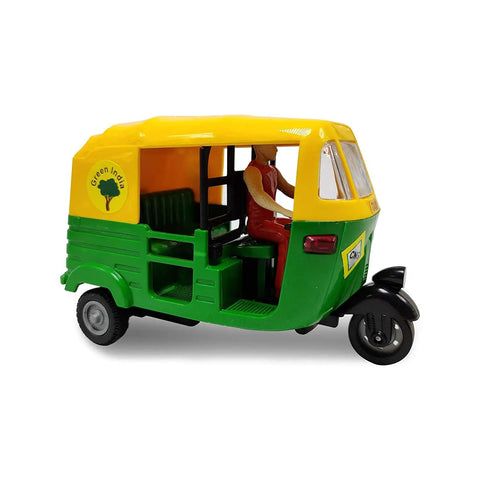 Ace Handcrafted Miniature Auto Rickshaw Desk Model Sporting Vivid Yellow And Green Finish As A Vintage Tuk Tuk Collectible Showpiece for shelf display.