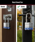 Heavy Duty Outdoor Padlock With Key, 4 Pack Keyed Alike For Gates, Fences, Sheds, Garages, Laminated Steel Body in use