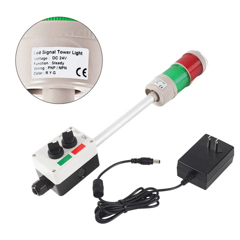 Two Stack LED Andon Tower Signal Light For Industrial Use With Red And Green Indicators, On Off Toggle, ABB Selector Switch, Mean Well Power Adapter