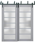 Barn Style Bypass Sliding Doors With Frosted Glass And Solid Wood Construction, 84x96 Inches, Black Finish, Front View