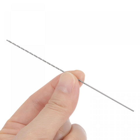Hand holding a Handy 0.9mm Mini Micro Twist Drill Bit, extra long 100mm HSS, precision tool for aluminum alloy projects