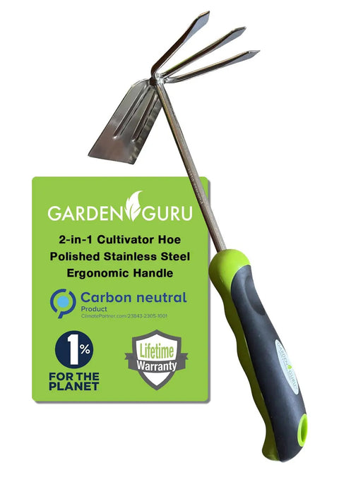 Stainless Steel Hand Cultivator Rake Hoe Tiller Tool With Ergonomic Handle For Garden Pros, Rust Resistant, 3 Large Tines, shown with packaging