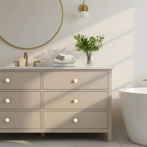 Bathroom vanity with Two Pack Matte Gold Bifold Closet Door Knobs, round cabinet and drawer knobs on beige drawers
