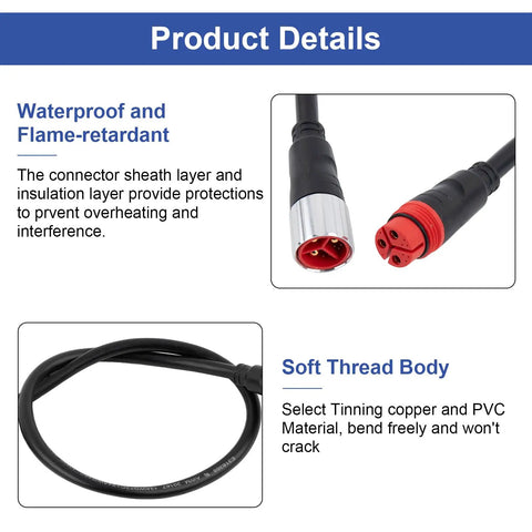 Close-up of Beefed Up E Bike Motor Extension Cable 70cm 27.5 Inch Waterproof Aluminum Connector, showing detail view.