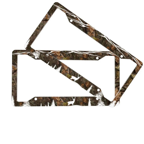 Hunting Deer License Plate Frame 2 Pack Universal Aluminum Tag Holder 12.3 X 6.3 Inches Car Accessories Decor With Camo Design