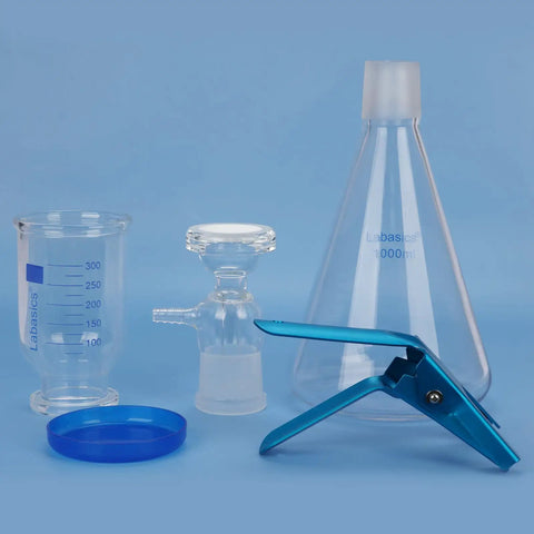 Vacuum Filtration Set With Borosilicate Glass Filter Flask 1000 Milliliters, 10 Micron Sand Core Filter Plate, And 300 Milliliters Graduated Beaker For General Filtration And Precise Vacuum Filtration In The Lab displayed with glass components and clamp.