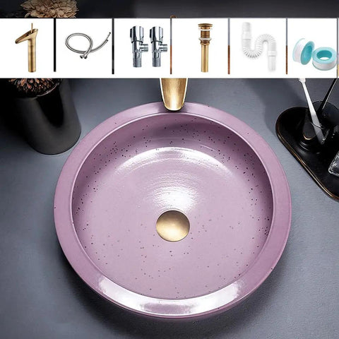41Cm Dia Round Art Basin Bathroom Counter Basin Pink Color, Countertop Bathroom Vessel Sink, Above Counter Porcelain Ceramic Vanity Sink, top view