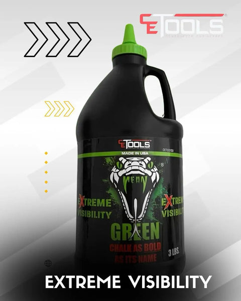 Mean Green 3lb Extreme Visibility Marking Chalk For Chalklines And Job Sites bottle with vibrant green cap and label design.