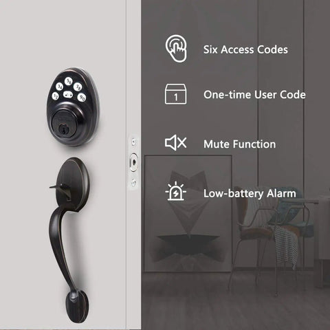 Oil Rubbed Bronze Front Door Lock Set With Keyless Entry And Handle Electronic Keypad Deadbolt Smart Lock For Front Door No Fuss 6 User Codes Plus Temporary Guest Code Auto Lock Mute Function ANSI Grade 3 with features displayed.