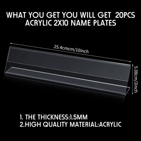 20 Pack Acrylic Desk Name Plates 2 By 10 Inch Clear Plastic Name Tent Holders Bulk Horizontal Slant Back Tag Holders Desk Sign Frames