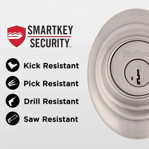 Close-up of Dakota Front Door Lock Handle And Deadbolt Set For Exterior Entry, Satin Nickel Finish, showing SmartKey Security features.