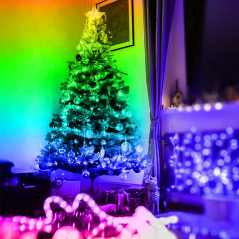 Battery Operated RGB LED Strip Lights 13.12 Ft Color Changing Strip With Music Sync App decorating Christmas tree in living room.