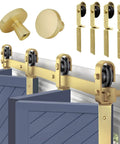 Gold Finish Bifold Barn Door Hardware Kit For 64 Inch Closet Pro Grade Heavy Gauge Aluminum Sliding Bi Fold Track System For Four 15 Inch Panels Includes Four Rollers And Matching Knobs Hardware Only, showing rollers and knobs.