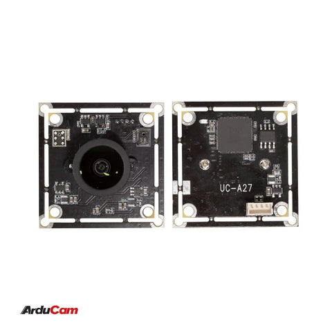Front and back view of 12MP USB Camera Module with 4K at 15fps Lightburn Ready, M12 Manual Focus Lens, wide 110° field of view, UVC compliant.