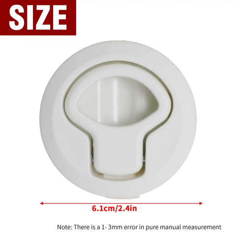 Top view of a two inch white ABS flush pull slam latch, measuring 6.1cm, designed for marine boats and fish tanks.