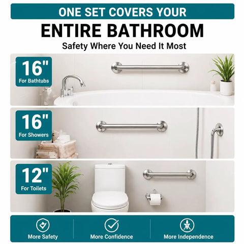 3 Pack Wall Mounted Grab Bars for Shower and Bath, showing 16in bars for bathtubs and showers, 12in for toilets.