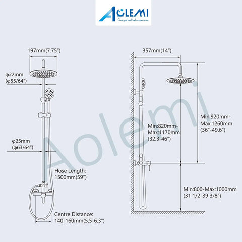 Diagram of Outdoor Shower Setup Kit In 304 Stainless Steel With Brushed Nickel Finish featuring dimensions and installation details.