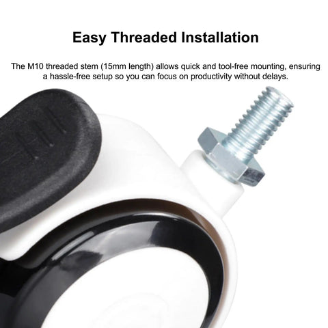 Premium 2 Inch Twin Wheel Casters With M10 Threaded Stem And Sure Grip Brake showing easy installation with M10 stem.