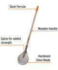 Multi Purpose Sharp Coa Hoe With 43 Inch Tropical Wood Handle And Induction Hardened 4 mm Steel Blade For Heavy Duty Clearing Roots And Weeding In The Garden A Real Yard Work Beast Model 10896, showing labeled parts including steel ferrule, wooden handle, and hardened steel blade.