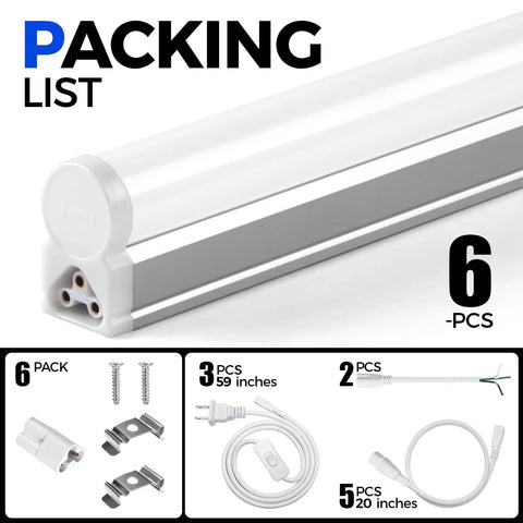 Six Pack One Foot T5 LED Linkable Light Fixtures With 600 Lumen Output 6500K Cool White Dope Bright Under Cabinet Shop Lights