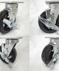Heavy Duty Kingpinless Swivel Casters With Brakes Six Inch Rubber Tires On Steel Hub Toolbox Cart Wheels Set Of Four with 360-degree swivel design.