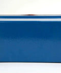 Side view of blue metal air hydraulic pump power pack enclosure with corner mounting feet.