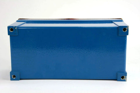 Side view of blue metal air hydraulic pump power pack enclosure with corner mounting feet.