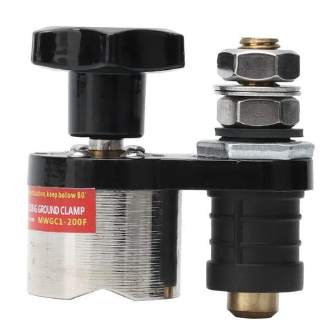 Premium Magnetic Welding Ground Clamp With Adjustable Connector And Quick Switch, black and silver design for iron and copper projects.