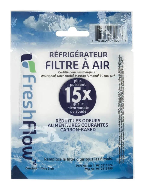FreshFlow Refrigerator Air Filter Carbon Odor Busting Replacement For Maytag KitchenAid JennAir packaging with text in French