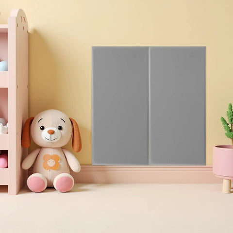 Rock Solid Premium Peel And Stick Xpe Foam Wall Pads mounted on nursery wall next to plush dog toy.