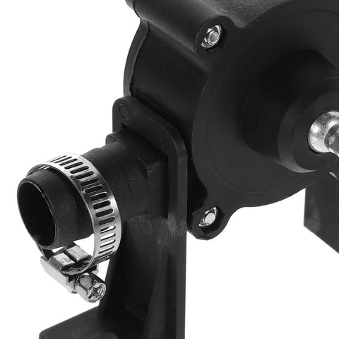 Close-up view of the Compact Mini Self Priming Pump For Cordless Power Drills, featuring a metal clamp and durable black body.