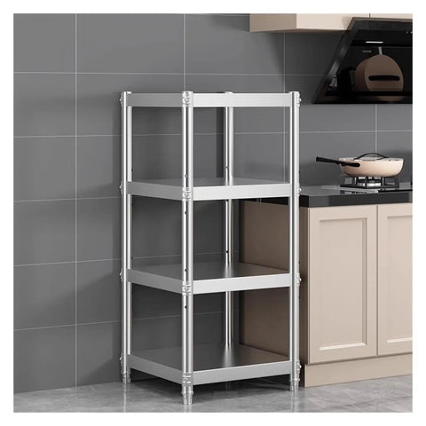 Heavy Duty Stainless Steel Shelving Rack Slick Slim Multi Tier Storage Organizer For Kitchen Garage Or Home Office in a compact design.