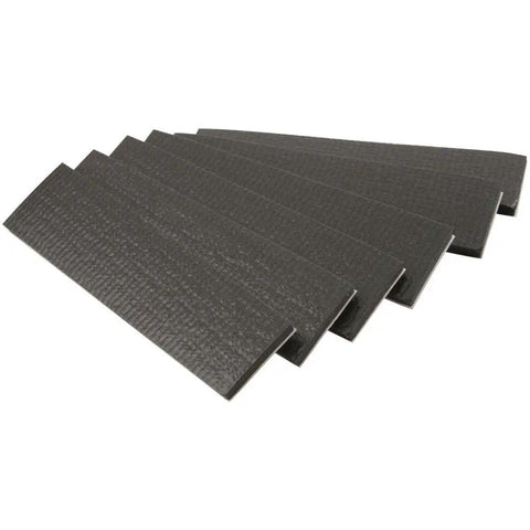 Self Stick Non Slip Surface Grip Pads Set Of 6 1 Inch By 4 Inch Black Furniture Floor Protectors displayed in a fan pattern.