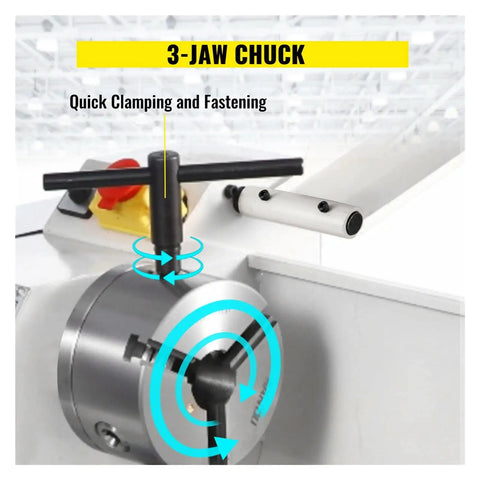 3-jaw chuck on Heavy Duty 8 X 32 Inch Mini Metal Lathe Machine 850W for quick clamping, ideal for DIY hobbyists.