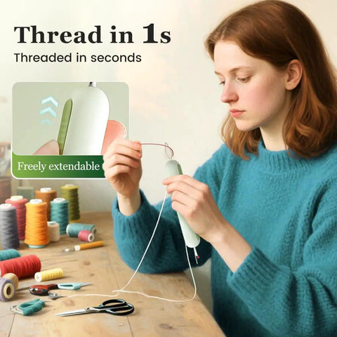 Sewing enthusiast using 2 In 1 Needle Threader And Seam Ripper For Sewing Enthusiasts And Seniors at a crafting table.