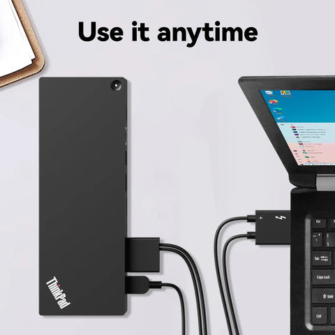 Rock Solid Thunderbolt 4 Docking Station For Laptops Drives Four 4K Monitors With Boss 230W Power Delivery connected to laptop.