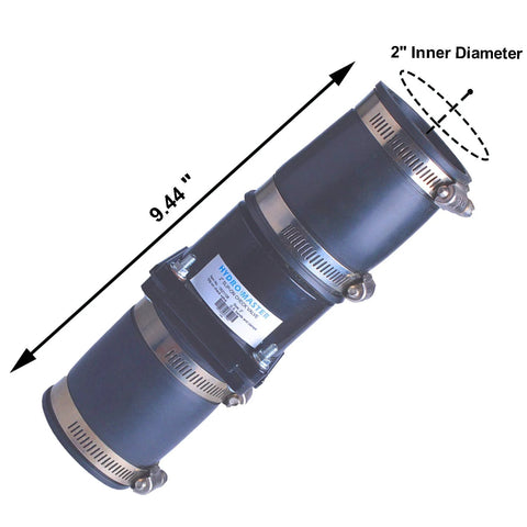 Angled view of Hydro Master plastic sump pump check valve with stainless steel clamps, 2-inch inner diameter