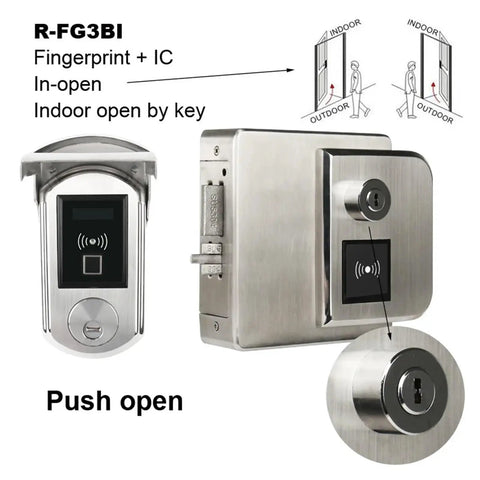 Heavy-Duty Waterproof Fingerprint Door Lock With IC Card Reader For Outdoor Gate And Entrance IP65 Rated Electronic Biometric Entry System close-up of components and key access.