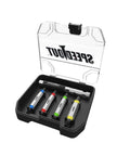 Impact Rated Five Piece Damaged Screw Extractor Set With Quick Connect Magnetic Adapter And EZ View Case for removing stripped screws fast and easy from drills and impact drivers color coded extractors in view.