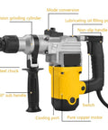 Powerhouse 1800W SDS Plus 42mm Heavy Duty Rotary Hammer Drill with labeled features, side view showing steel chuck and non-slip handle.