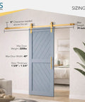 Gold Barn Door Hardware Kit For Sliding Doors, Modern Brushed Brass Finish, installed on blue door with 6 Ft 7 In Track.