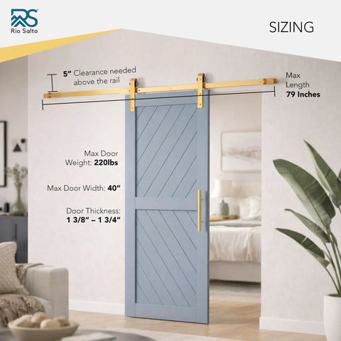 Gold Barn Door Hardware Kit For Sliding Doors, Modern Brushed Brass Finish, installed on blue door with 6 Ft 7 In Track.