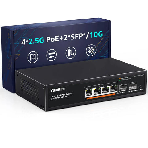 Unmanaged Six Port 2.5G PoE Network Switch with Four 2.5G PoE Ports and Two 10G SFP Ports, IEEE 802.3AF And 802.3AT, 78W Total PoE