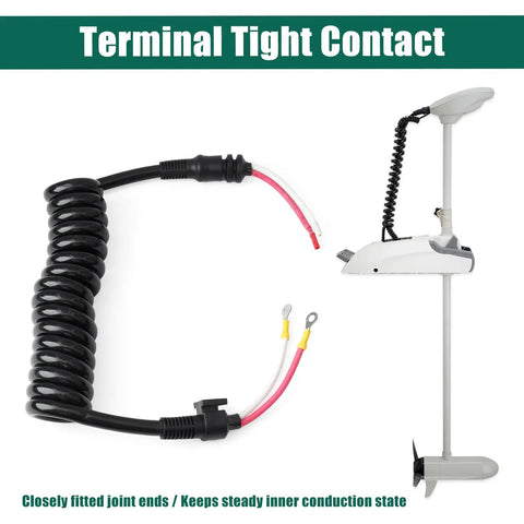 8M0029237 Curly Cable Replacement For MotorGuide Xi3 And Xi5 Trolling Motors showing coiled cable and tight contact terminals